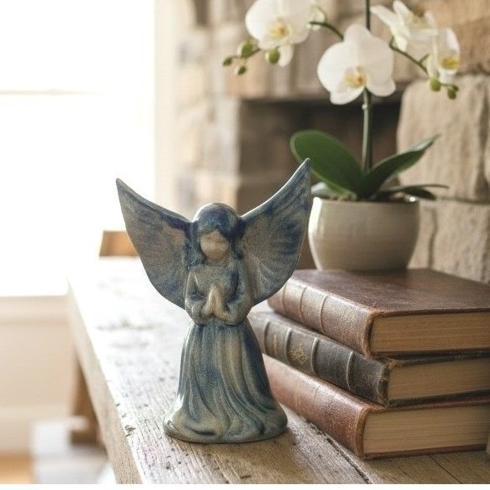 Vintage 1995 Beaumont Brothers Pottery Angel Figurine Blue Glaze Studio Pottery
